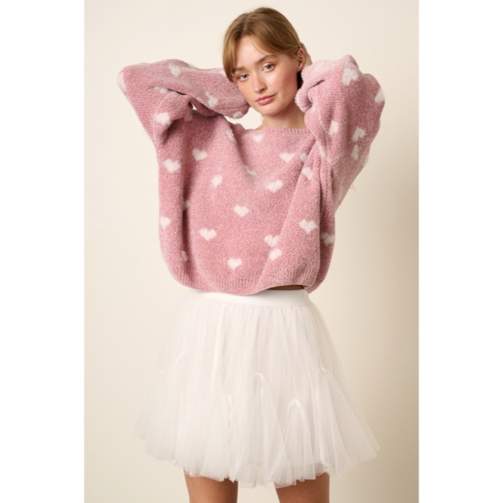 SOLD OUT Pink Blush Heart Print Valentines Day Knit Chinchilla Knit Sweater - Picture 6 of 6